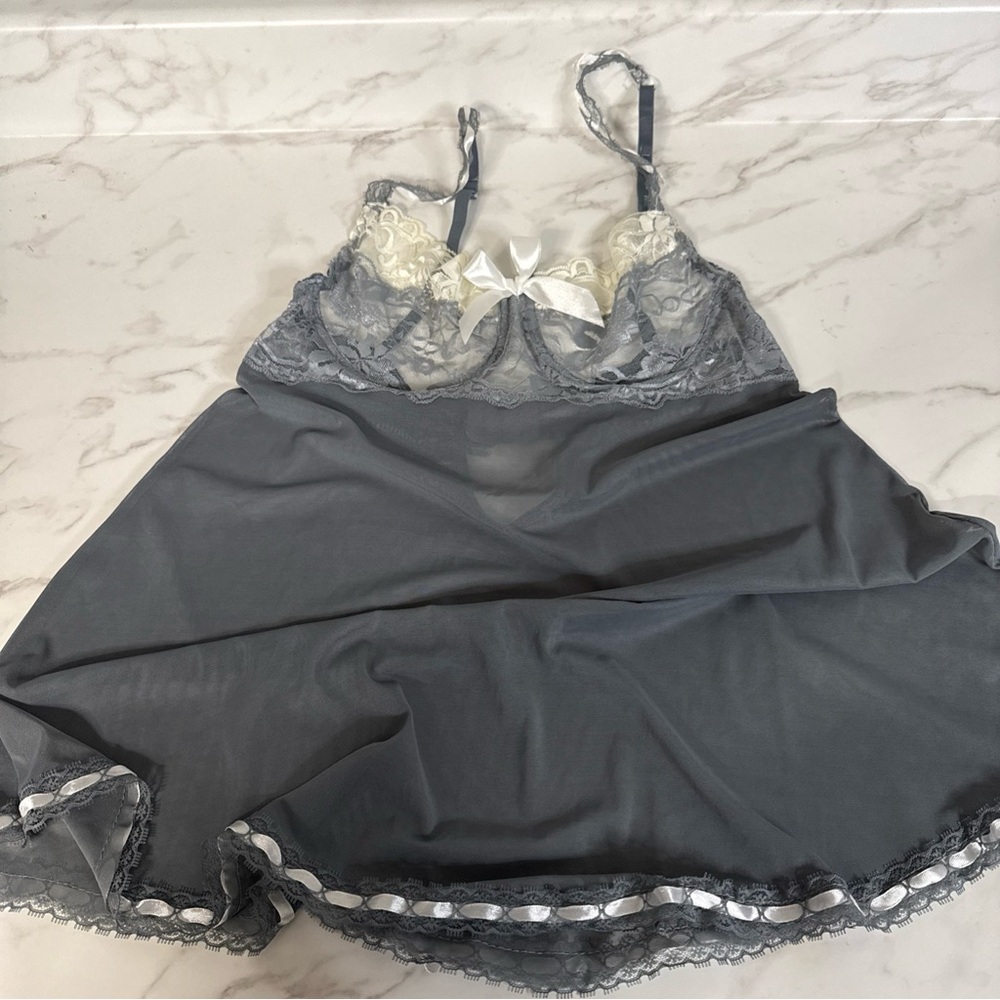 Gray Chiffon Babydoll Nightie Lace Lingerie M/L Barbie Cam Fantasy Sleepwear